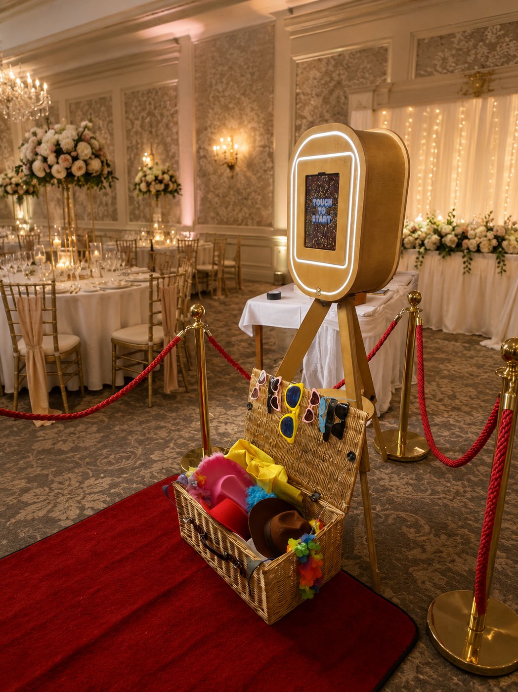 Rustic wooden Selfie Pod with a red carpet, props and rope barriers